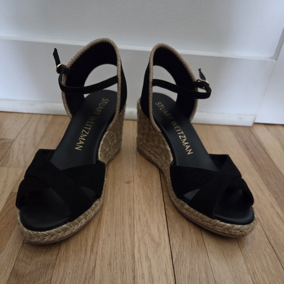 Stuart Weitzman Mirella Espadrille Wedge, black & natural, 8B - Picture 1 of 6